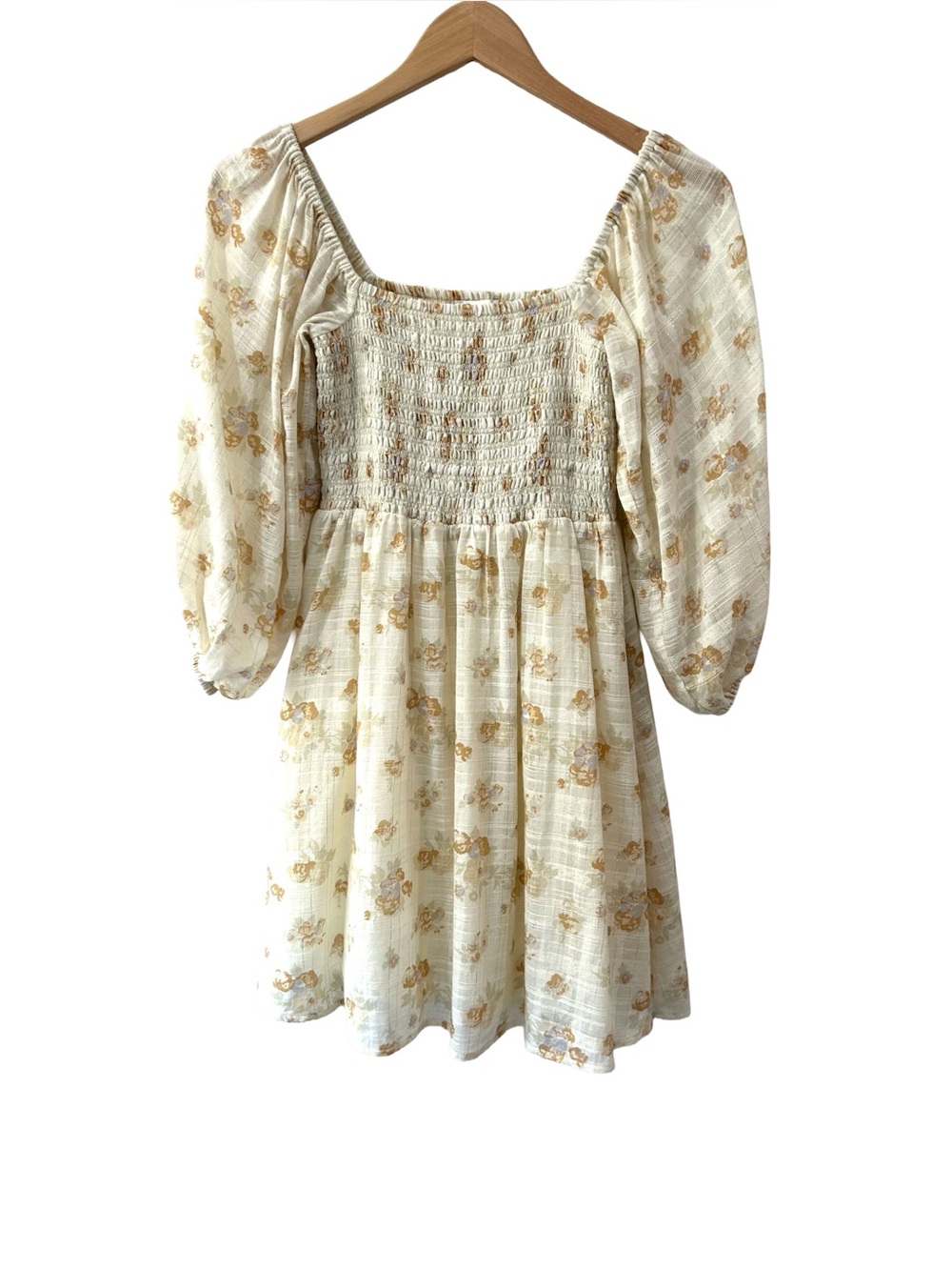 Auguste the Label smocked babydoll dress XS 2 cream floral lined puff sleeves